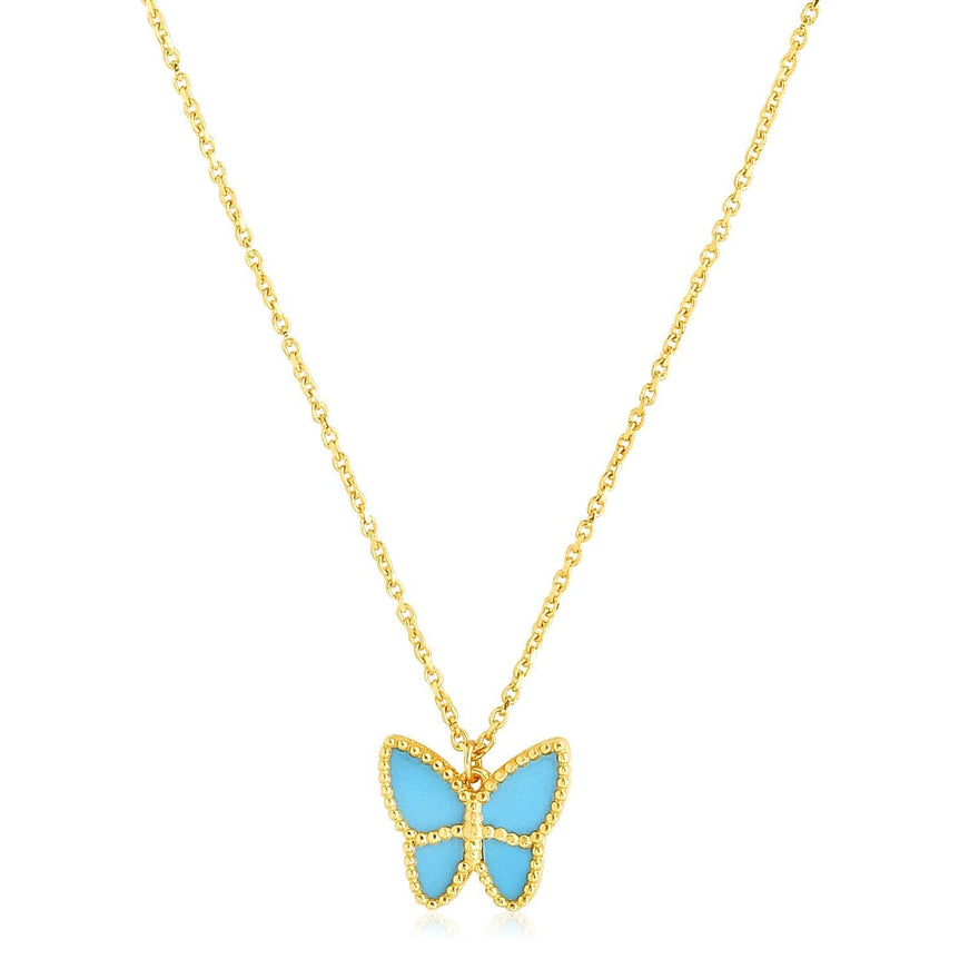 14k Yellow Gold High Polish Butterfly Turquoise Paste Necklace - Ellie Belle