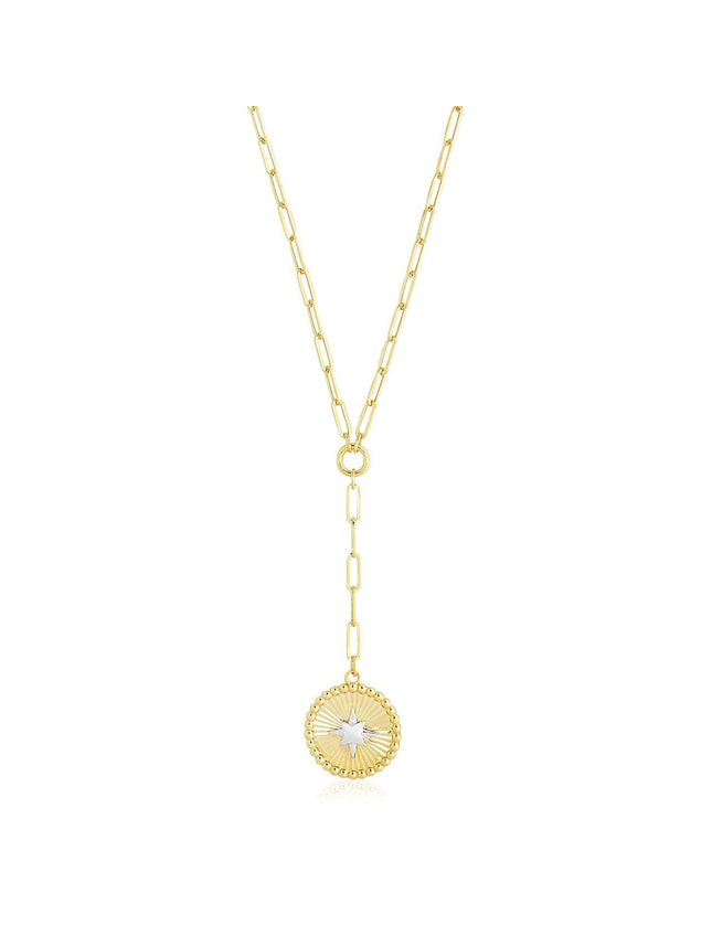 14k Yellow Gold High Polish Star Medallion Two Tone Lariat Necklace - Ellie Belle