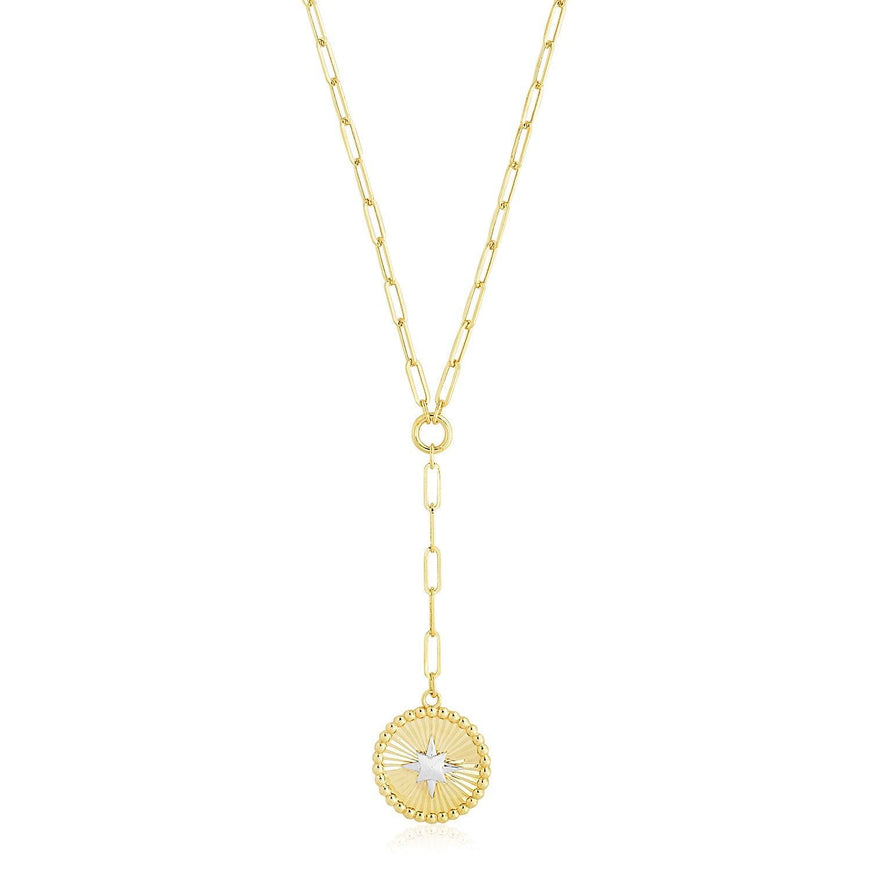 14k Yellow Gold High Polish Star Medallion Two Tone Lariat Necklace - Ellie Belle