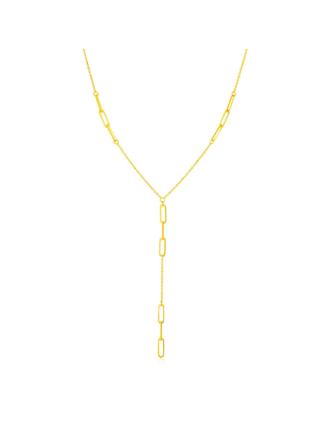 14K Yellow Gold Lariat Necklace with Paperclip Chain Stations - Ellie Belle
