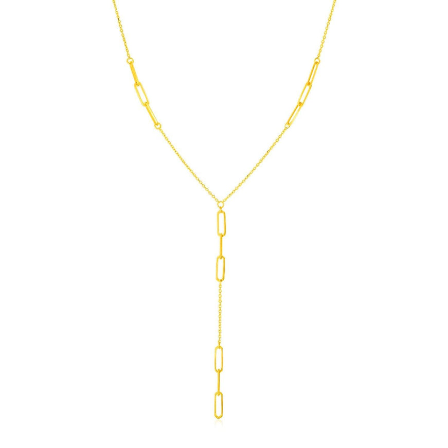 14K Yellow Gold Lariat Necklace with Paperclip Chain Stations - Ellie Belle