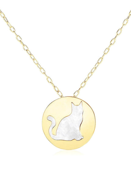 14k Yellow Gold Necklace with Cat Symbol in Mother of Pearl - Ellie Belle