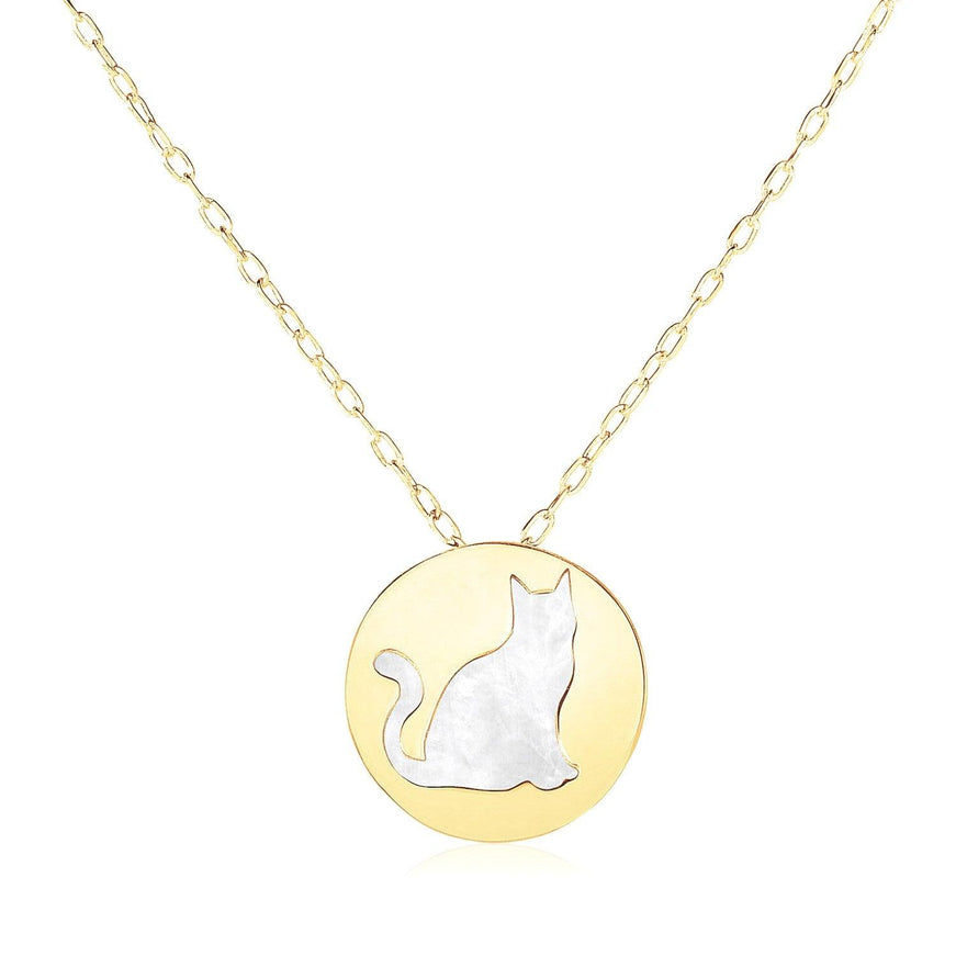 14k Yellow Gold Necklace with Cat Symbol in Mother of Pearl - Ellie Belle