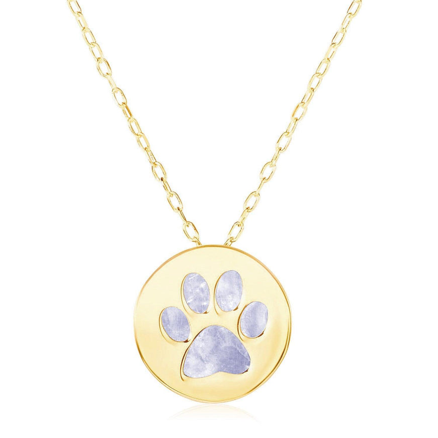 14k Yellow Gold Necklace with Dog Paw Print Symbol in Mother of Pearl - Ellie Belle