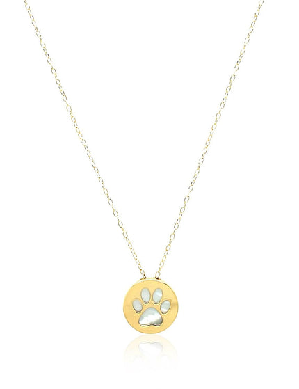 14k Yellow Gold Necklace with Dog Paw Print Symbol in Mother of Pearl - Ellie Belle
