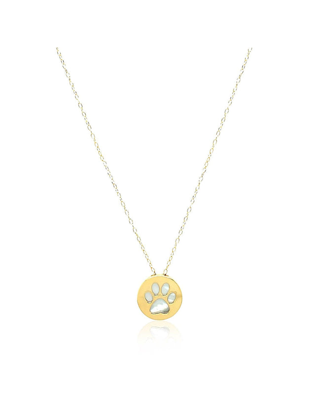 14k Yellow Gold Necklace with Dog Paw Print Symbol in Mother of Pearl - Ellie Belle