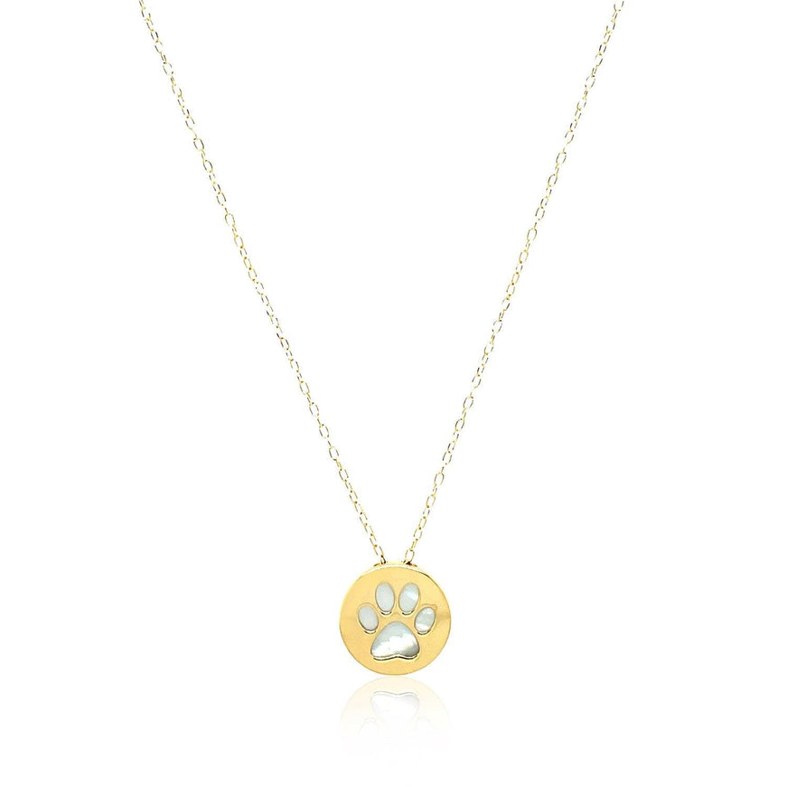 14k Yellow Gold Necklace with Dog Paw Print Symbol in Mother of Pearl - Ellie Belle