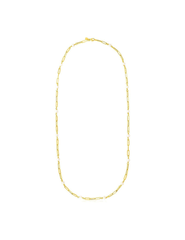 14k Yellow Gold Paperclip Chain and Pearl Necklace - Ellie Belle