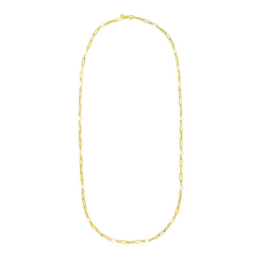 14k Yellow Gold Paperclip Chain and Pearl Necklace - Ellie Belle