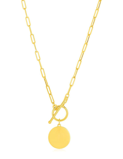 14k Yellow Gold Paperclip Chain Necklace with Circle Pendant - Ellie Belle