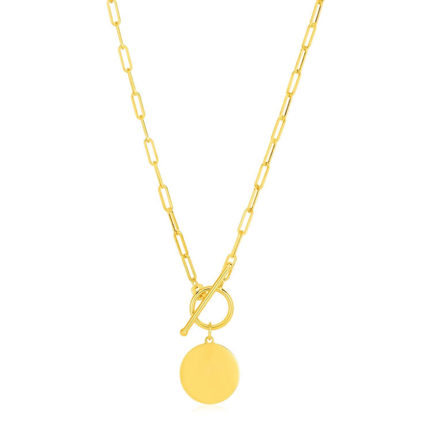 14k Yellow Gold Paperclip Chain Necklace with Circle Pendant - Ellie Belle