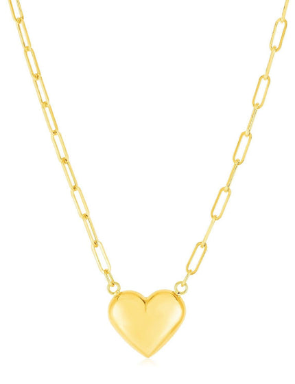 14k Yellow Gold Paperclip Chain Necklace with Puffed Heart - Ellie Belle