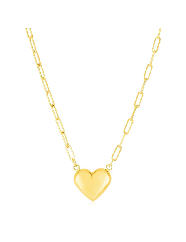 14k Yellow Gold Paperclip Chain Necklace with Puffed Heart - Ellie Belle