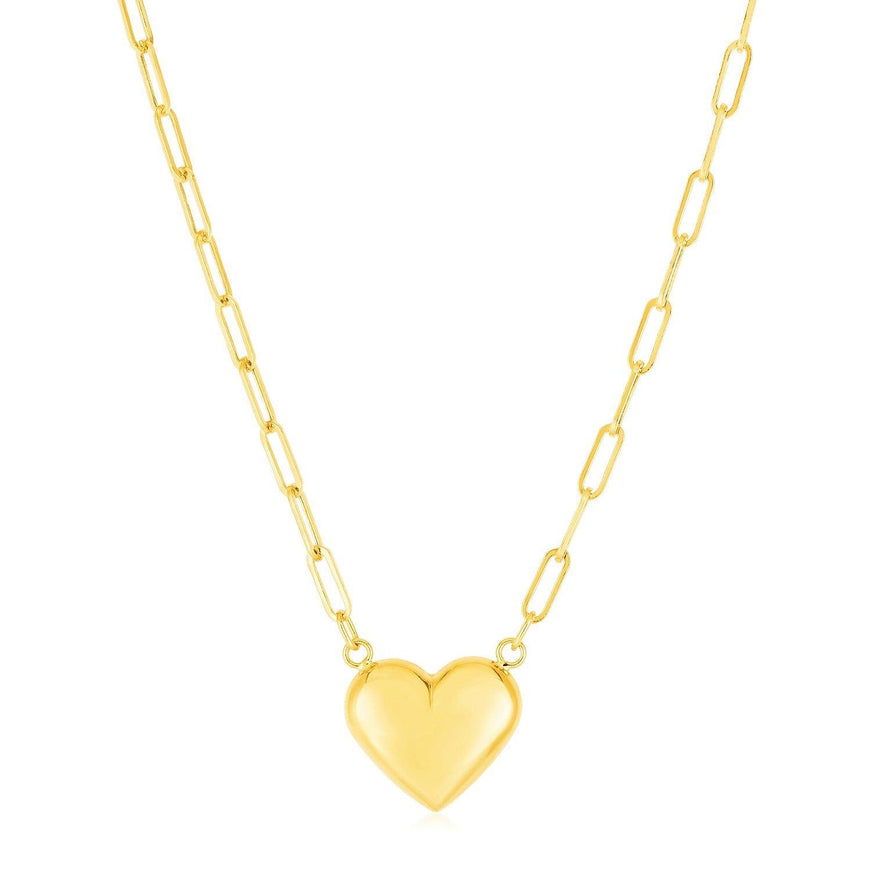 14k Yellow Gold Paperclip Chain Necklace with Puffed Heart - Ellie Belle