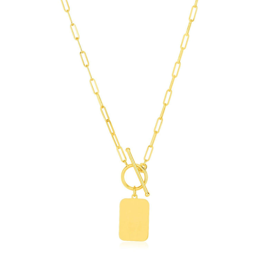 14k Yellow Gold Paperclip Chain Necklace with Rounded Rectangle Pendant - Ellie Belle