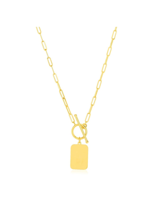 14k Yellow Gold Paperclip Chain Necklace with Rounded Rectangle Pendant - Ellie Belle