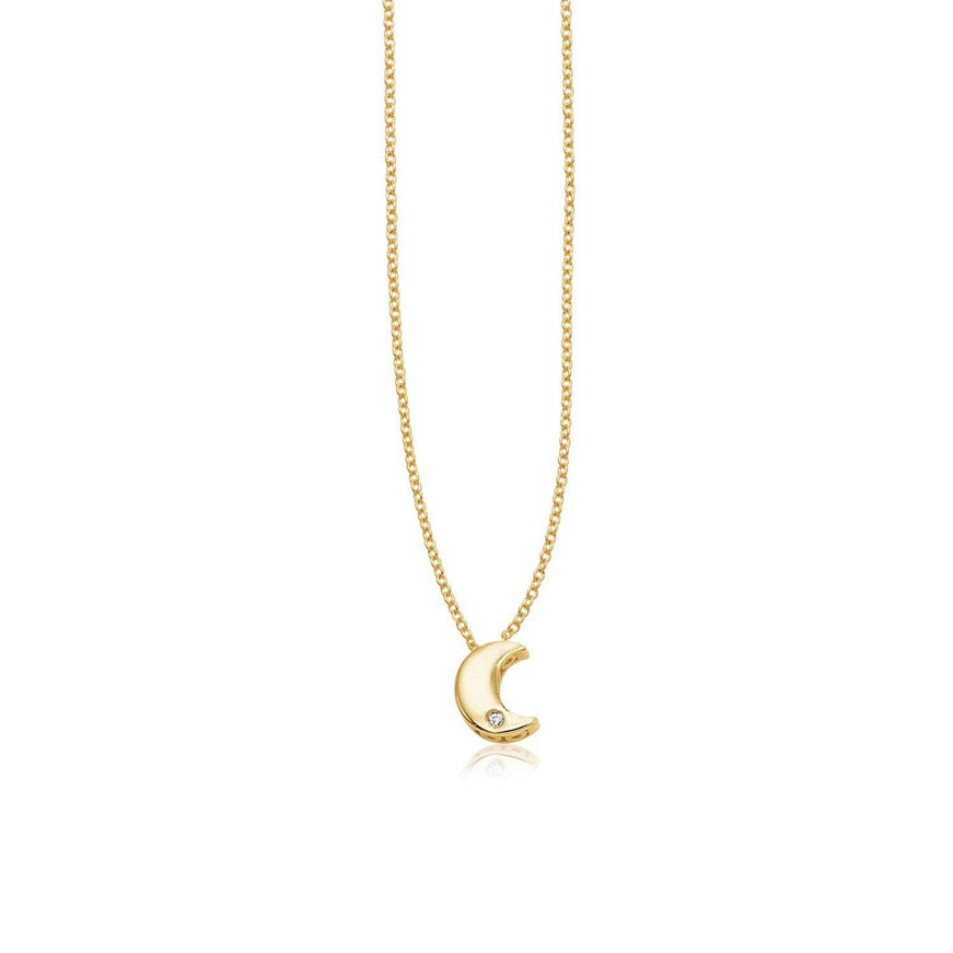 14k Yellow Gold Polished Moon Necklace with Diamond - Ellie Belle