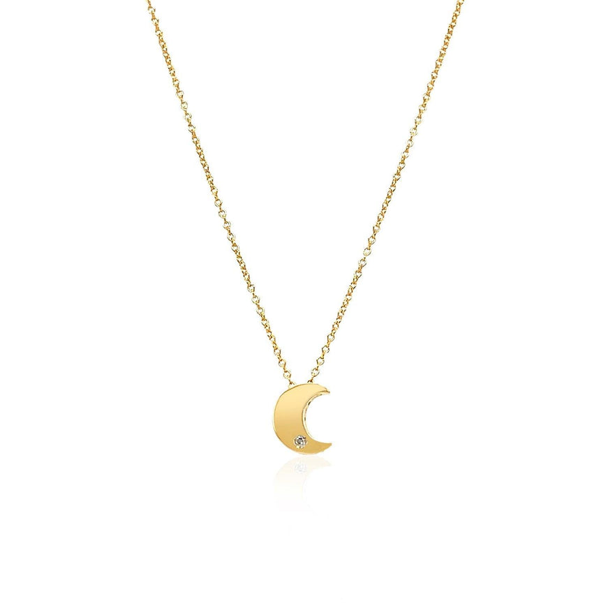 14k Yellow Gold Polished Moon Necklace with Diamond - Ellie Belle