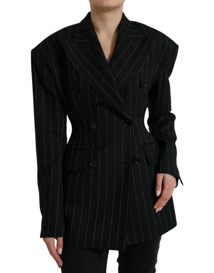 Dolce & Gabbana Black Striped Wool DoubleBreasted Coat Jacket - Ellie Belle