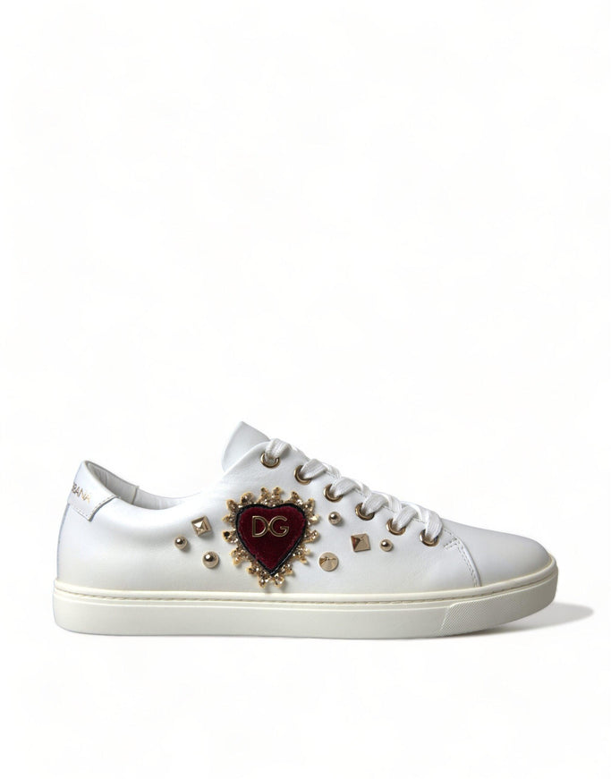 Dolce & Gabbana White Leather Gold Red Heart Sneakers Shoes - Ellie Belle