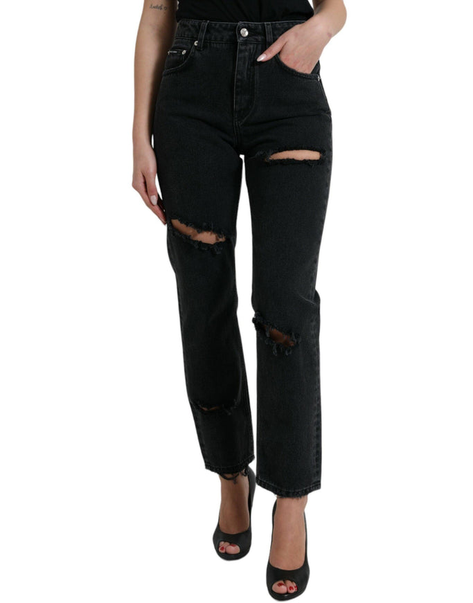 Dolce & Gabbana Black Cotton High Waist Tattered Denim Jeans - Ellie Belle