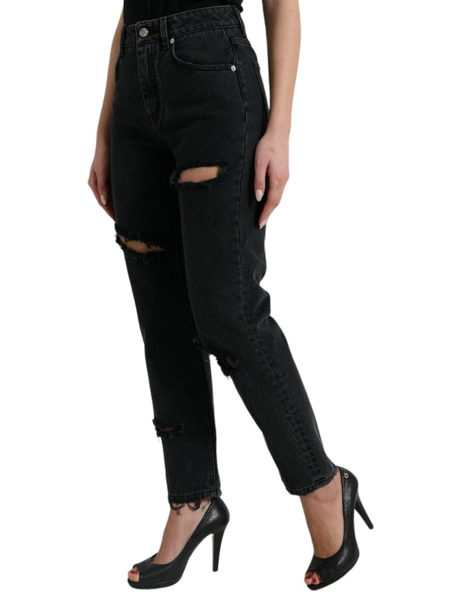 Dolce & Gabbana Black Cotton High Waist Tattered Denim Jeans - Ellie Belle