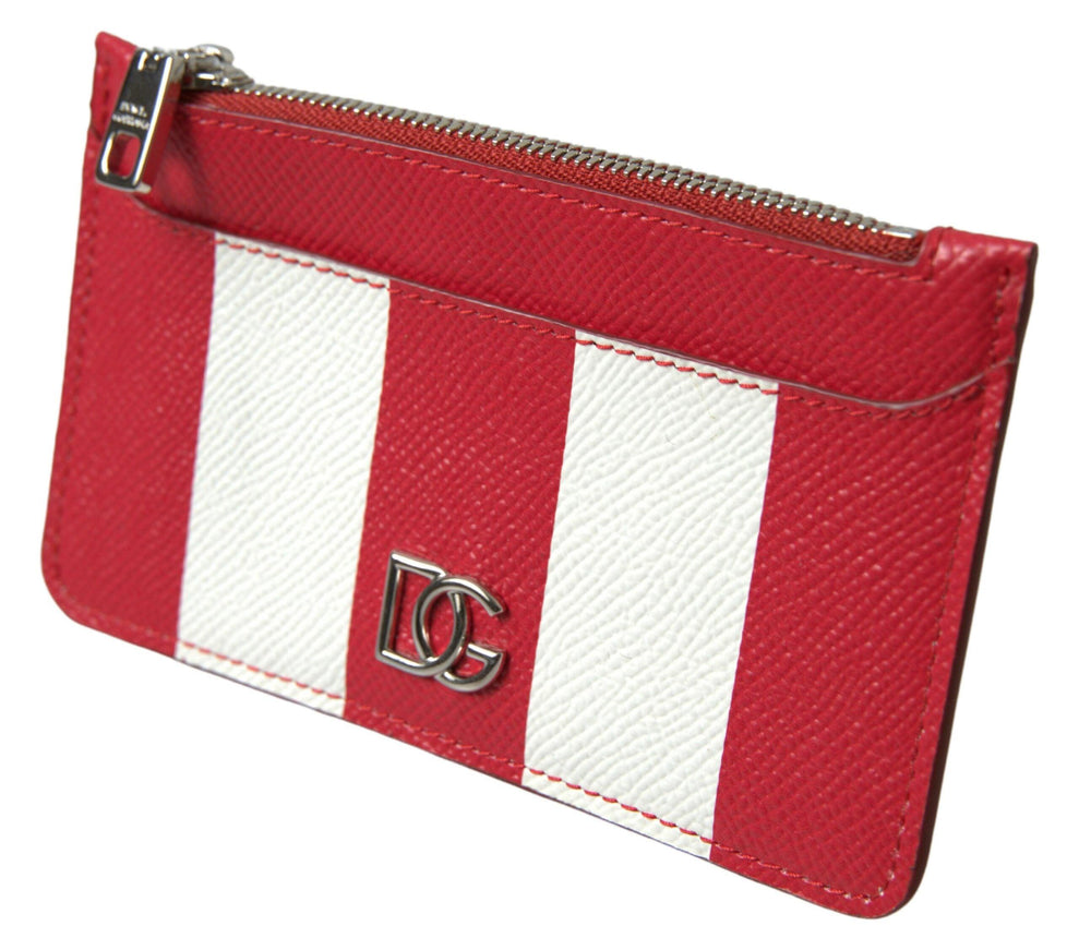 Dolce & Gabbana Red White Leather DG Logo Zip Card Holder Women Wallet - Ellie Belle