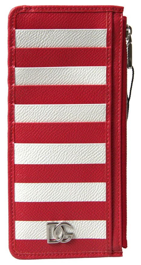 Dolce & Gabbana Red White Leather DG Logo Zip Card Holder Women Wallet - Ellie Belle