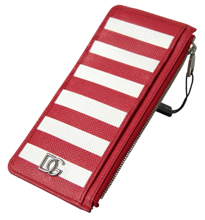 Dolce & Gabbana Red White Leather DG Logo Zip Card Holder Women Wallet - Ellie Belle