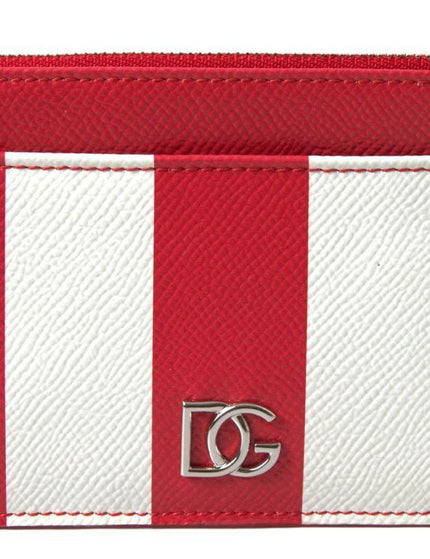 Dolce & Gabbana Red White Leather DG Logo Zip Card Holder Women Wallet