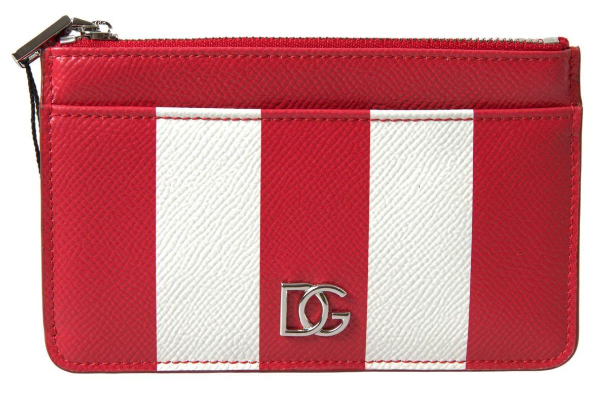 Dolce & Gabbana Red White Leather DG Logo Zip Card Holder Women Wallet - Ellie Belle