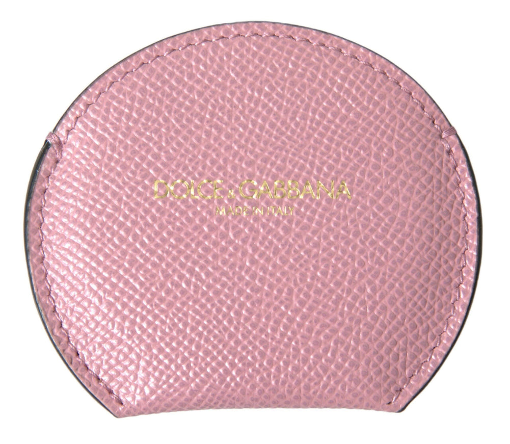 Dolce & Gabbana Pink Calfskin Leather Round Logo Print Hand Mirror Holder - Ellie Belle