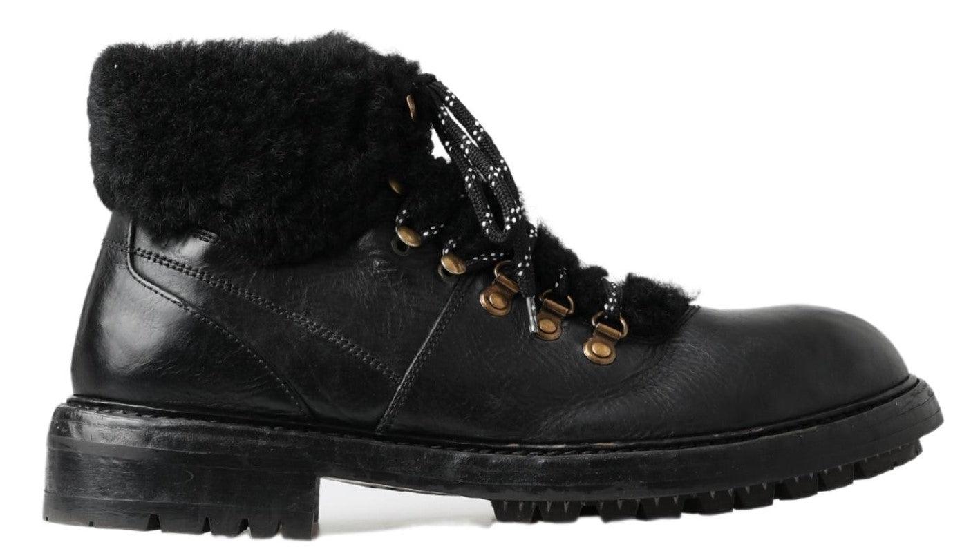 Dolce & Gabbana Black Leather Bernini Shearling Boots Shoes - Ellie Belle