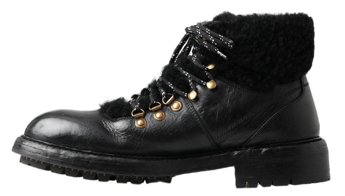 Dolce & Gabbana Black Leather Bernini Shearling Boots Shoes - Ellie Belle