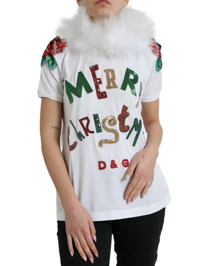 Dolce & Gabbana White Cotton Christmas Sequin Fur T-shirt - Ellie Belle