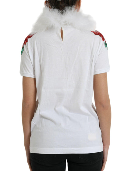Dolce & Gabbana White Cotton Christmas Sequin Fur T-shirt - Ellie Belle