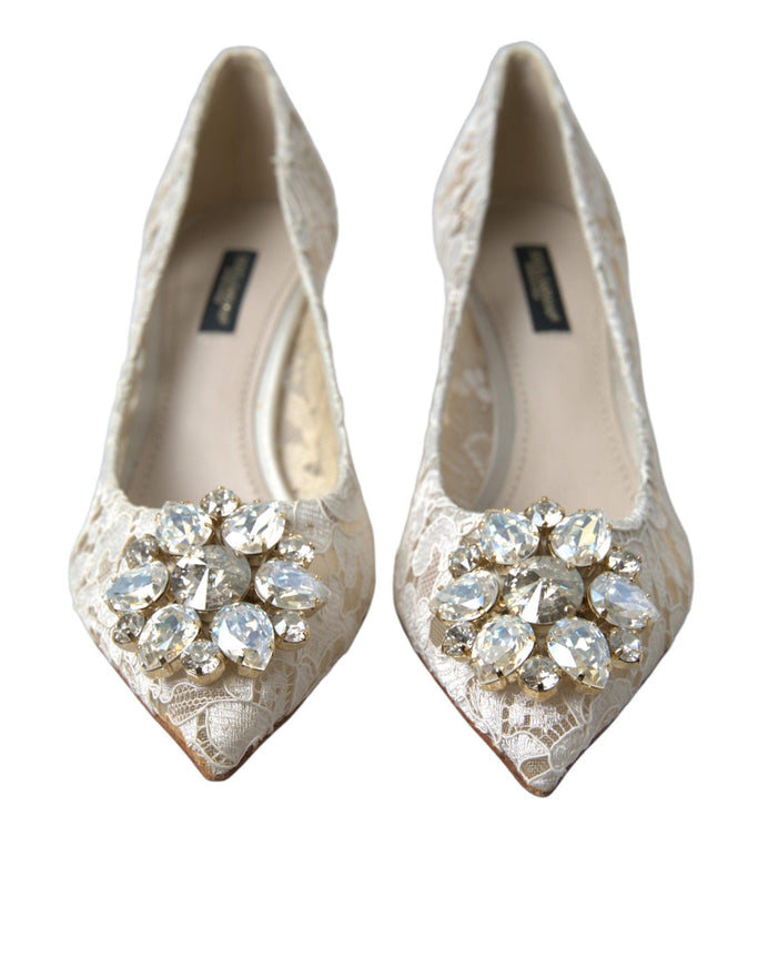 Dolce & Gabbana White Taormina Lace Crystal Heels Pumps Shoes - Ellie Belle