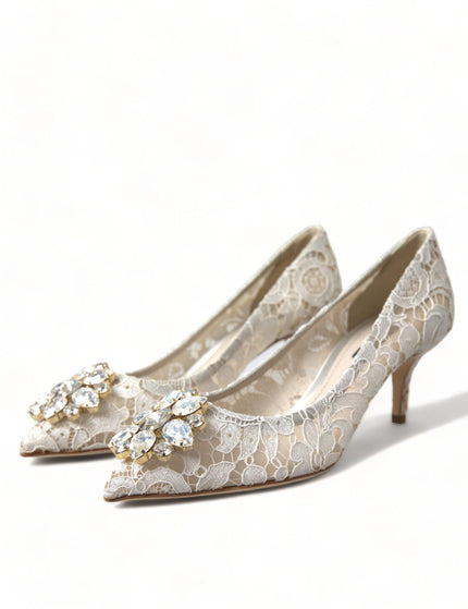 Dolce & Gabbana White Taormina Lace Crystal Heels Pumps Shoes - Ellie Belle