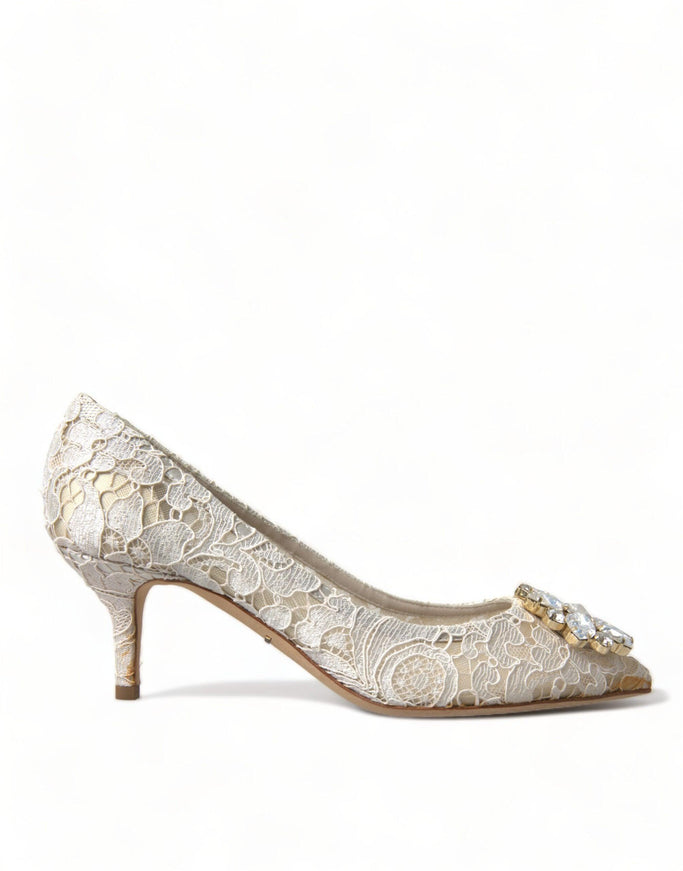 Dolce & Gabbana White Taormina Lace Crystal Heels Pumps Shoes - Ellie Belle