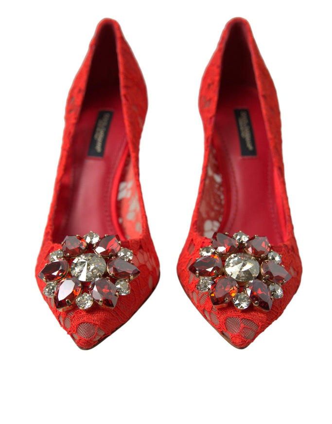 Dolce & Gabbana Red Taormina Lace Crystal Heels Pumps Shoes - Ellie Belle