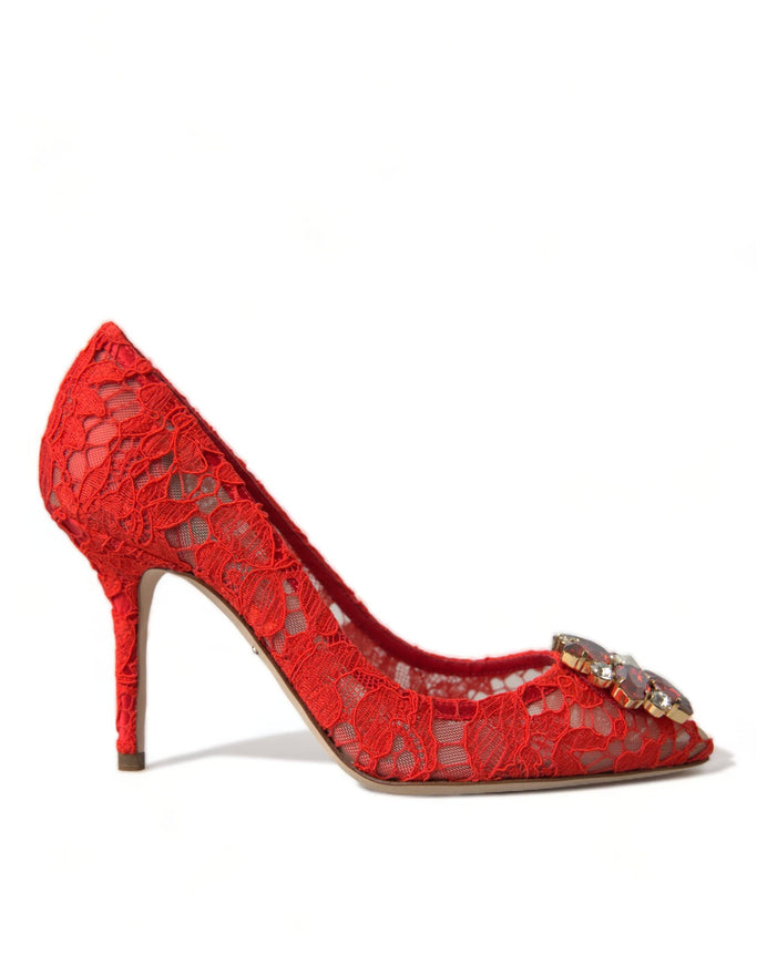 Dolce & Gabbana Red Taormina Lace Crystal Heels Pumps Shoes - Ellie Belle