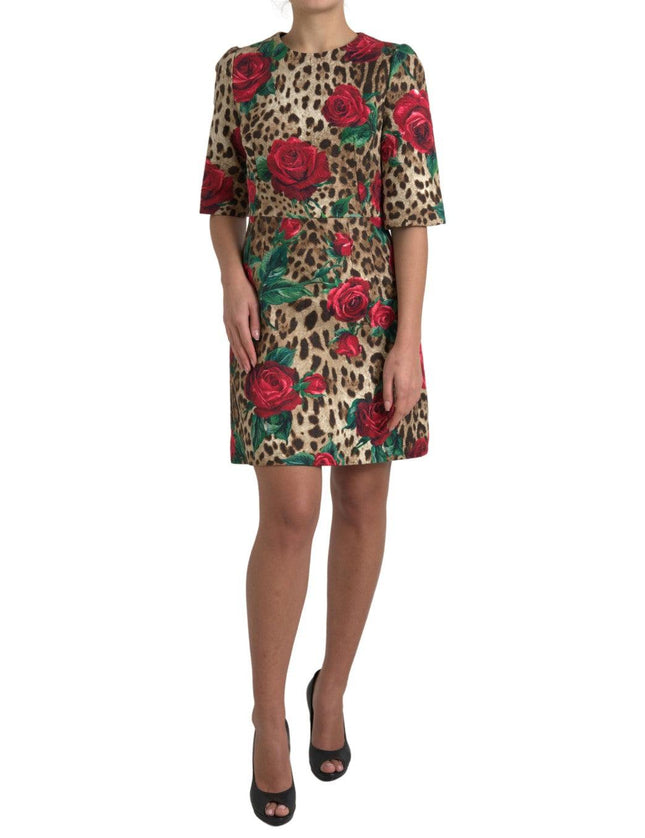 Dolce & Gabbana Brown Leopard Red Roses Cotton A-line Dress - Ellie Belle
