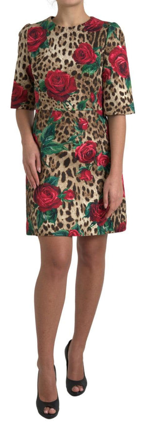 Dolce & Gabbana Brown Leopard Red Roses Cotton A-line Dress - Ellie Belle