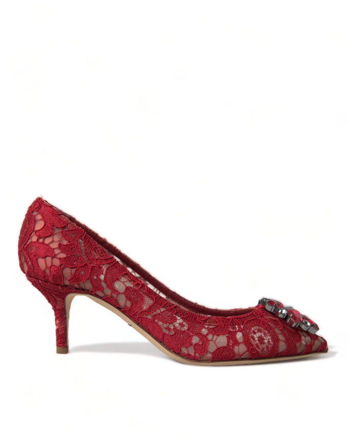 Dolce & Gabbana Red Taormina Lace Crystal Heels Pumps Shoes - Ellie Belle