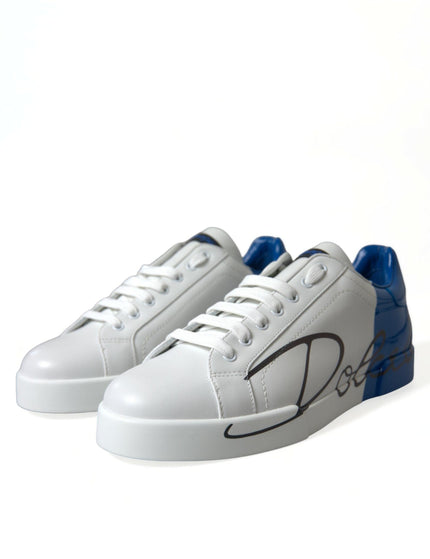 Dolce & Gabbana White Blue Leather Low Top Sneakers Shoes - Ellie Belle