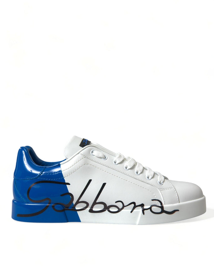 Dolce & Gabbana White Blue Leather Low Top Sneakers Shoes - Ellie Belle