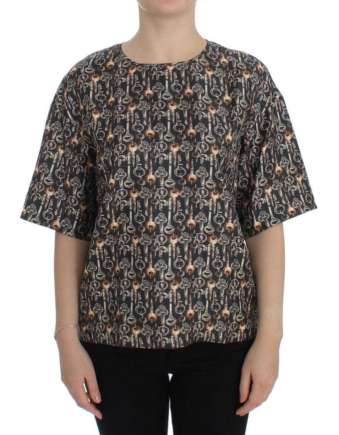 Dolce & Gabbana Gray Gold Key Print Silk Blouse T-shirt