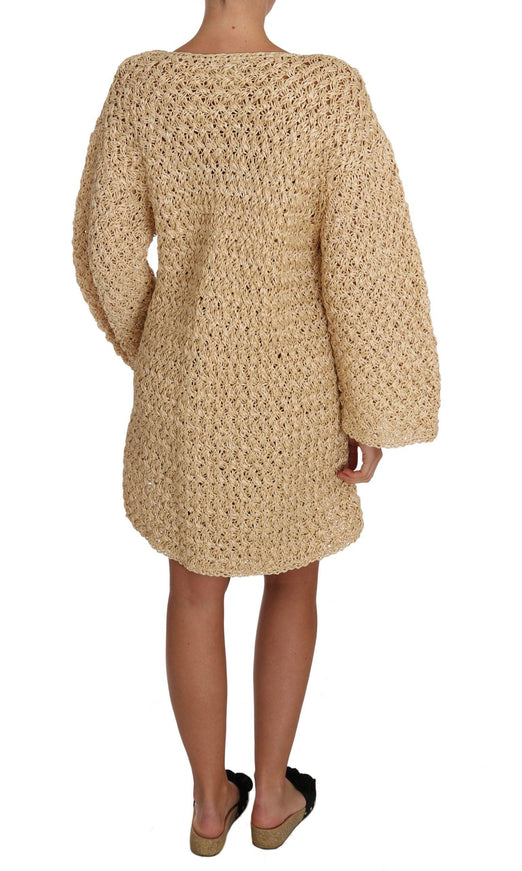 Dolce & Gabbana Beige Cardigan Crochet Knitted Raffia Sweater