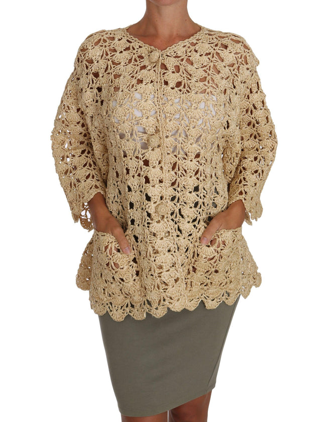 Dolce & Gabbana Beige Cardigan Crochet Knitted Raffia Sweater
