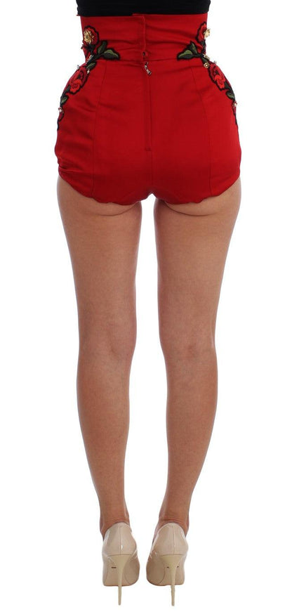 Dolce & Gabbana Red Silk Crystal Roses Shorts